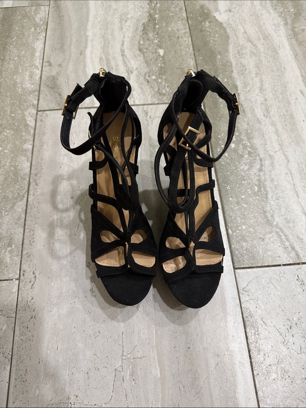 Shoe Dazzle Black Suede Strappy High Heel Sandals with Ankle Wrap